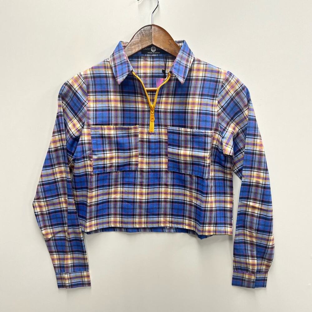 Daisy Street | Blue Checkered Plaid Long Sleeve Crop Top
